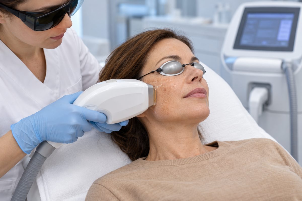 Sesión facial con luz intensa pulsada (IPL) y protección ocular.