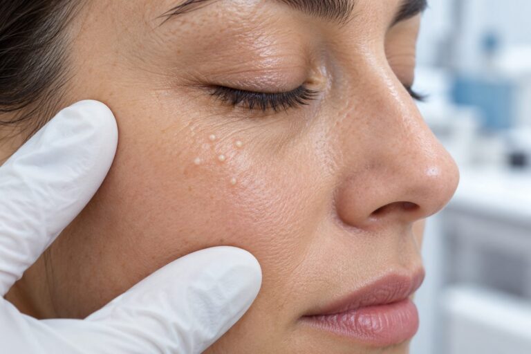 Evaluación dermatológica de pequeños puntos blancos bajo el ojo, posibles milium.